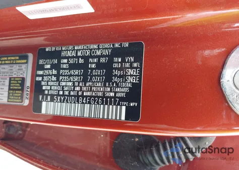 2015 Hyundai Santa Fe Sport 2.4L z USA, uszkodzony, nr VIN 5XYZUDLB4FG261117